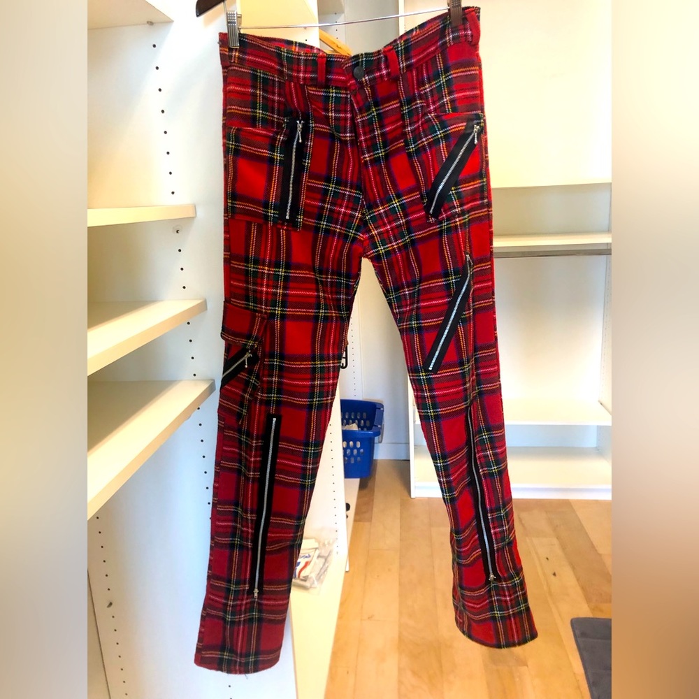 VINTAGE red tartan wool pants with zipper design UK size 32 London’s Carnaby St